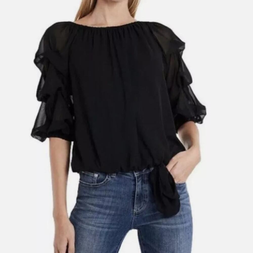 Cece Off Shoulder Blouse Womens S Black Tiered Balloon Sleeve Boho Chic Romantic